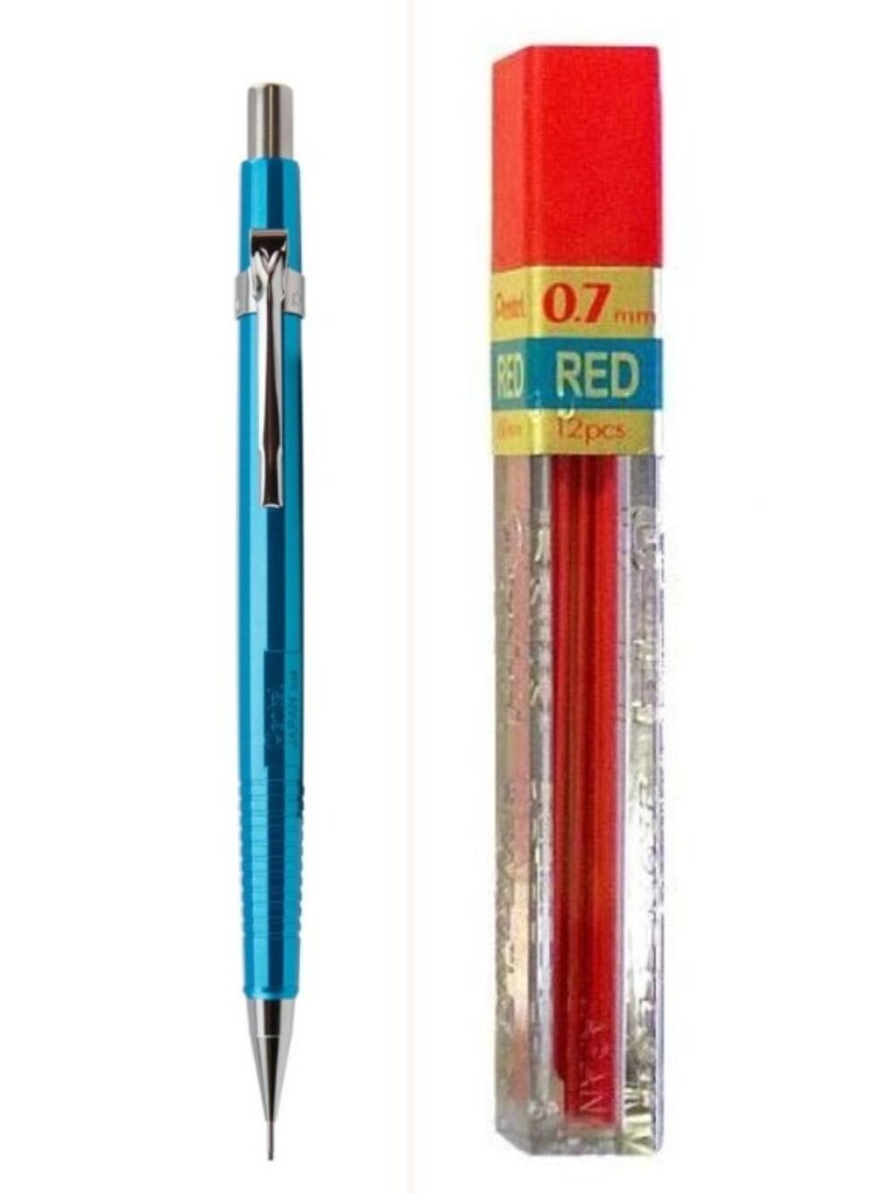 Pentel Sharp Drafting Pencil .7mm Lead Metallic Sky-Blue w/12 pcs Red-Lead